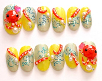 Octopus, 3D nails, fake nails, tako, tentacles, funny nail, geekery nail, Japanese nail art, press on nail, acrylic, animal nail, ongles