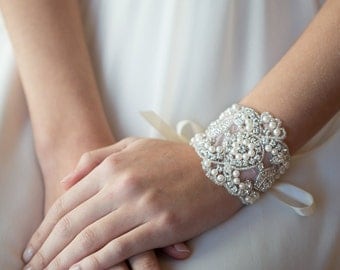 Wedding Bracelet, Bridal Jewelry, Bridal Bracelet, Wedding Rhinestone Bracelet, Pearl Cuff Bridal Bracelet, Ribbon Wedding Bracelet