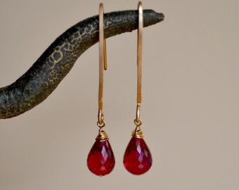 Red Topaz Earrings. Luxury Raspberry Topaz Teardrop Gemstone 14K Gold Filled Earrings. Fine Jewelry. Gift For Her.