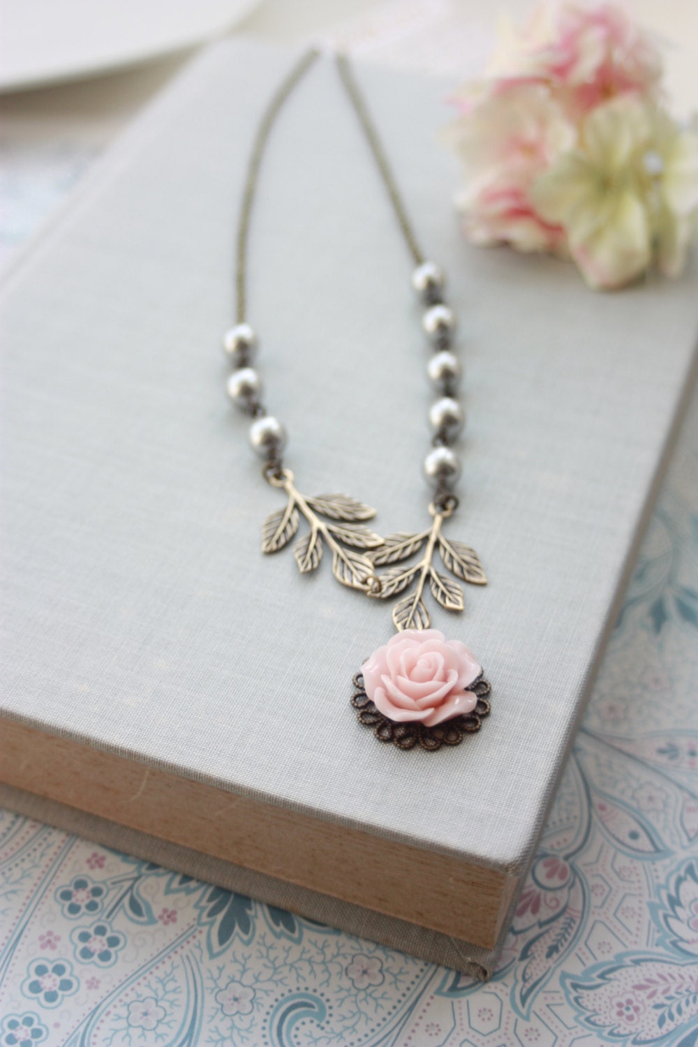 Pink Rose Flower Brass Leaves Branch Grey Pearls Necklace.