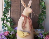 Primitive Antiqued Easter Bunny Doll - Appliqued Embroidered Flowers w/ Springtime Chick -Easter Buddies- Clover & Peep - ofg hafair