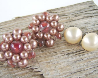 Vintage Clip On Earring Lot Pearl & Pink Glass