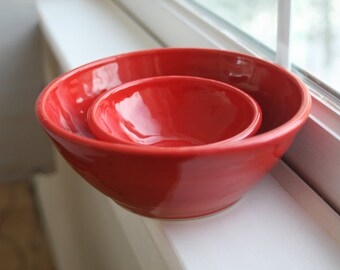 Pair of Red Nesting Bowls Wheel Thrown Stoneware Bowls Handmade Pottery Red Made in USA Ready to Ship