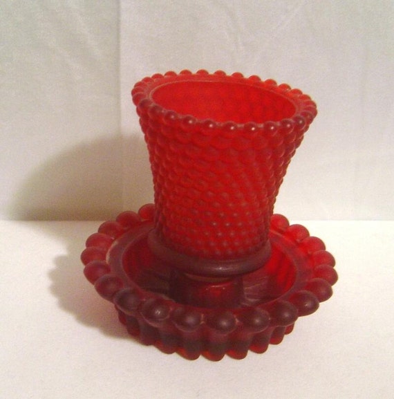 Red glass hobnail Candle votive with matching Holder Candle