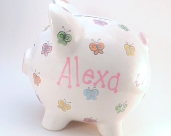 Pastel Butterfly Piggy Bank - Personalized Piggy Bank - Pastel Butterfly Bank - Baby Girl Nursery Decor Bank - with hole or NO hole