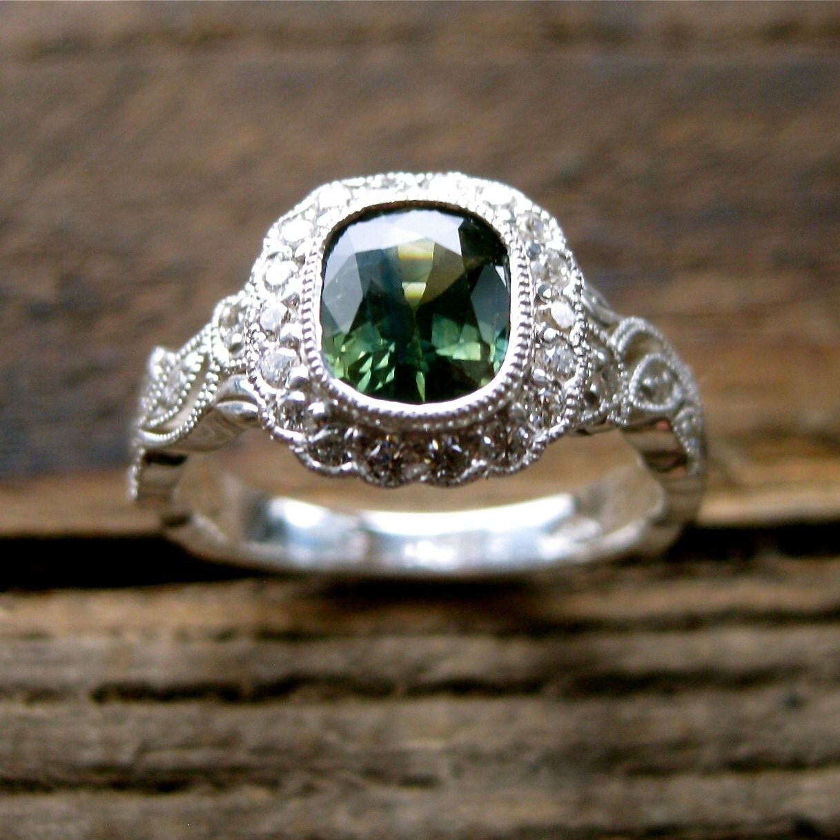 Green Sapphire Engagement Ring in Sterling Silver with