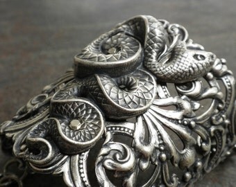 Silver Statement Cuff Snake Bracelet Egyptian Revival Handmade Jewelry