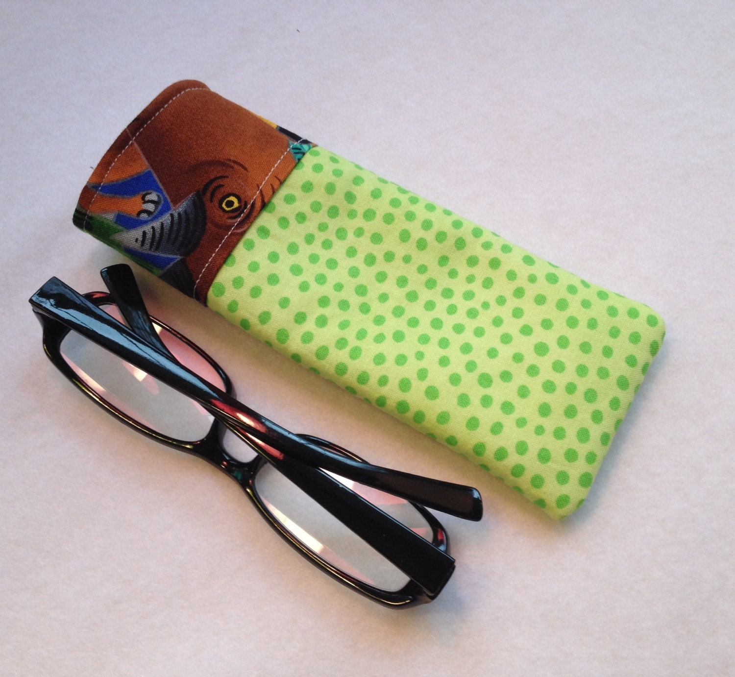Reading Glasses Case green dots and animals cotton small