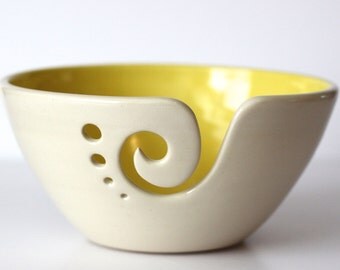 Yellow Ceramic Yarn Bowl, Knitting Bowl, Crochet Bowl, Yellow and White Yarn Bowl, Made to Order