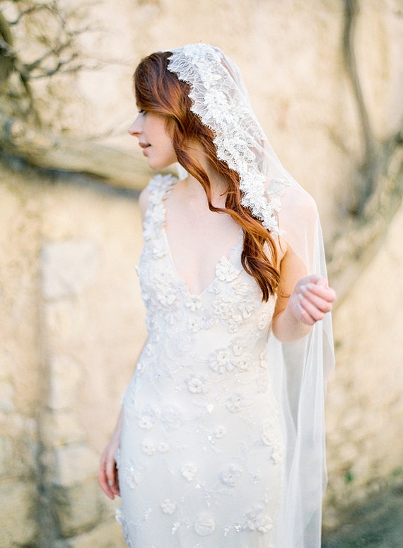 Bridal Veil, LaceVeil, Mantilla Veil, Lace Crystal beaded, Wedding Veil, Chapel Veil - Style 302