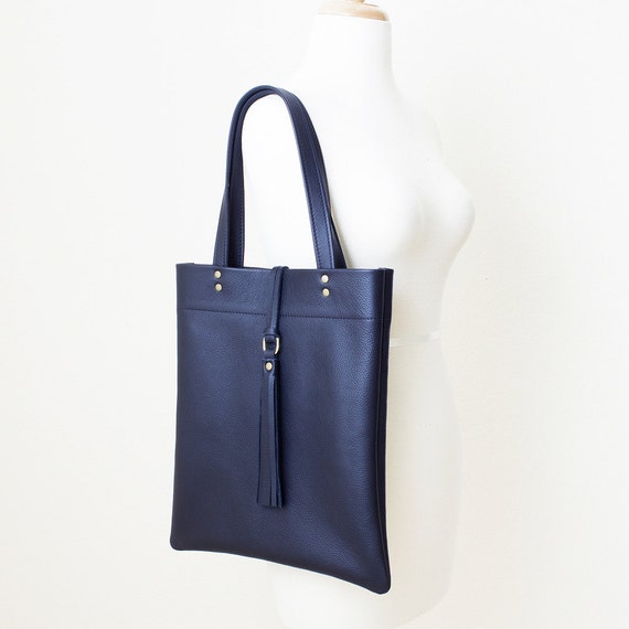 Navy Leather Tote Navy Everyday Bag Minimal Leather Tote