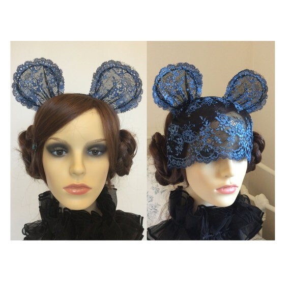 Black n' blue lace mouse ears headband.