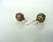 Vintage green art glass bead earrings with rubalite tourmaline gemstones, sparkly floral, handmade jewelry, Let Loose Jewelry, under 50