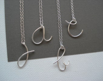 Sterling silver Initial Necklace...Wire wrapped handmade personalized cursive initial jewelry for everyday, wedding, bridesmaid gift