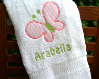 Monogrammed Kid's Bath Towel with Butterfly Applique - perfect for the beach, bath or pool