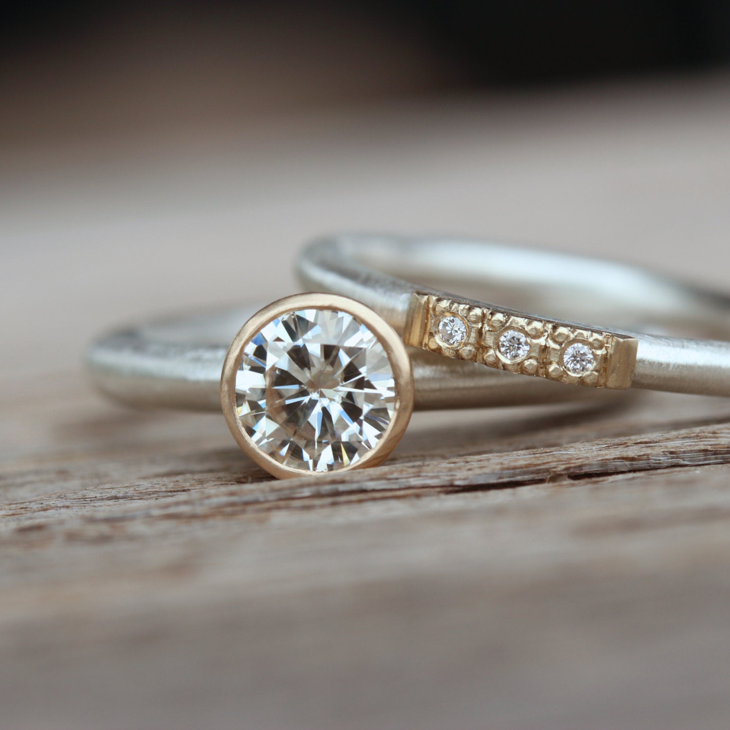 Modern Silver Gold Moissanite Engagement Wedding Ring Set