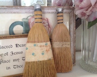 Vintage Wisk Brooms ~ Farmhouse Chic Decor ~ Turquoise and Roses ~Shabby Chic ~ Small Brooms for cleaning ~ Unique Wall Hanging
