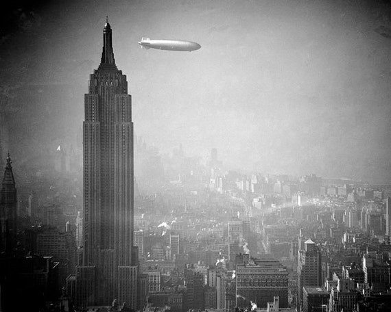 Items similar to Blimp over New York City Mysterious Vignette 1930s ...