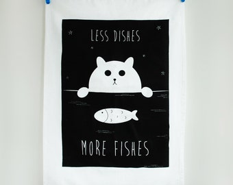 Cat Tea Towel, Fat Kitty Cotton, Homeware, Houseware, kitchenware, textile design, gift for Mum
