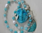 Coupon Sale Sea Goddess Necklace with Aqua Amazonite Pearl and Moonstone Handmade Pottery Shard Face with Dangles Ocean Jewelry
