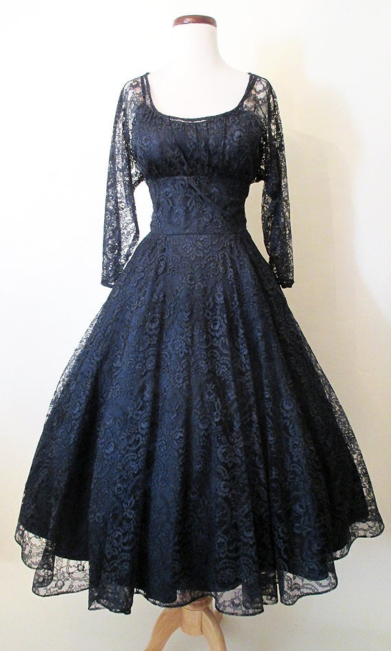 Gorgeous 1950's Midnight Blue Lace Cocktail Party Dress