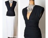 Stunning Vintage Oscar De La Renta Black White PLUNGING Evening Gown Dress M