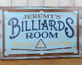 Personalized Billiards Room Sign/Man Cave/Christmas Gift/YOU choose Name and Colors/Pool Table/Male Gift/Wood Sign/Hand Painted