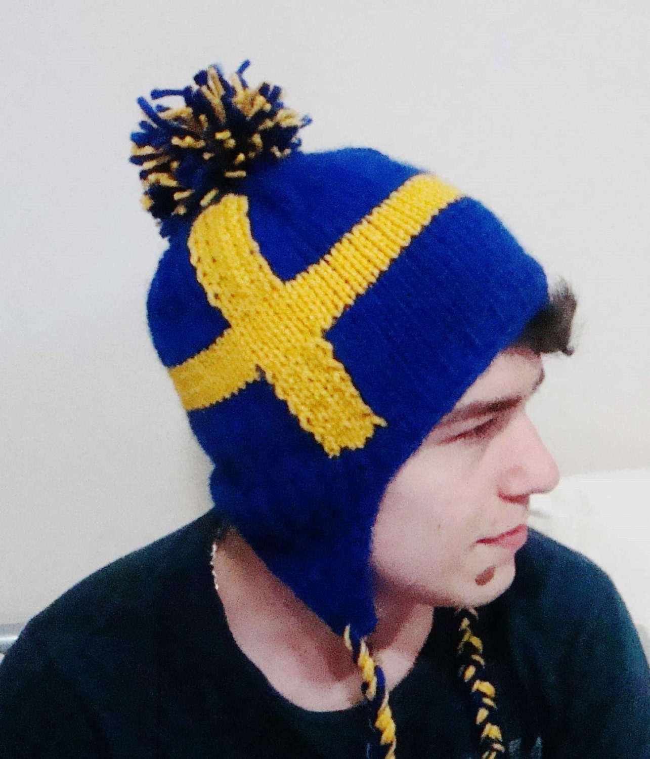 Swedish Flag Beanie Hat with ear flap hat a blue field with a