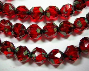 15 9mm Ruby Red Travertine Firepolished Thru Cuts Czech Glass Beads