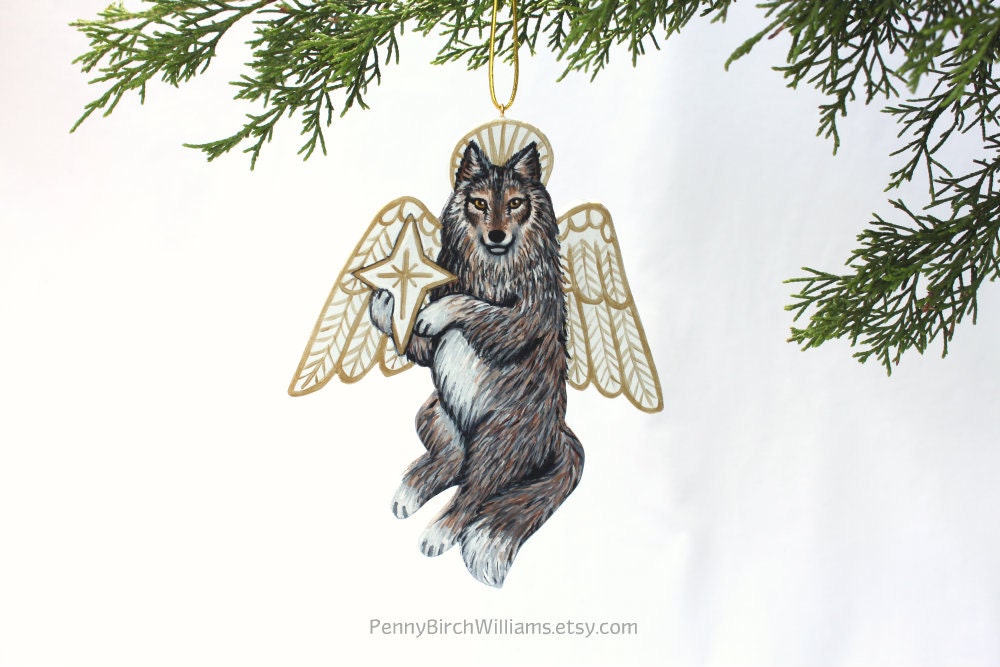 Wolf Angel Christmas Ornament - Original Handmade Painted Wood - Woodland Wildlife Holiday Decoration