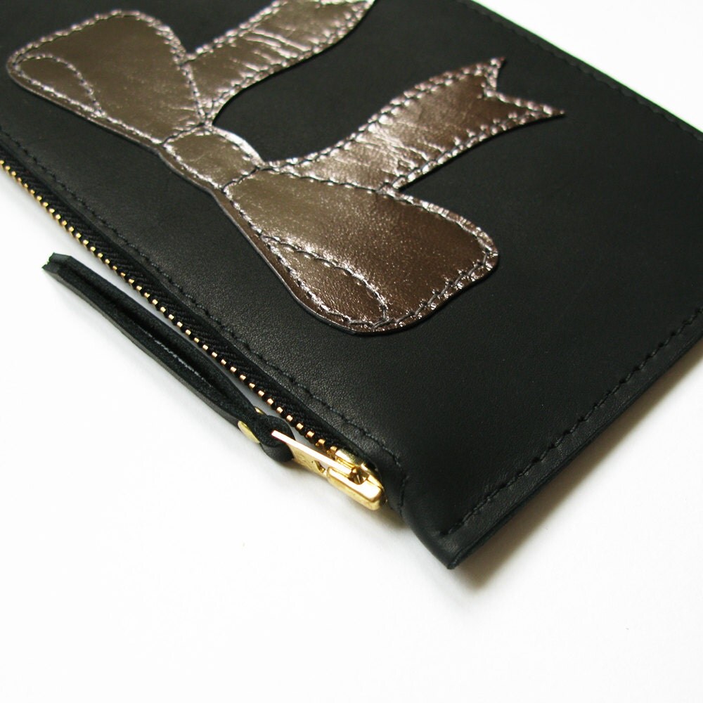 Black leather wallet zip wallet metallic Bow Silver by LaLisette