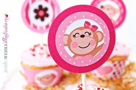 Pink Girl Monkeys Printable Party Tags - Cupake Toppers - Printable Party Favors - Monkey Party Printables, Pink Monkey Party Il_570xn