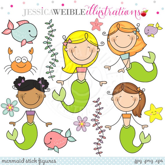 Mermaid Stick Figures Cute Digital Clipart - Commercial Use OK - Mermaid Clipart - Stick Figure Clipart Il_570xn