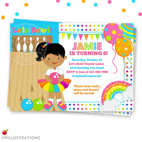 Girly Rainbow Bowling Theme - DARK - Printable Invitation- 4x6 or 5x7 Custom Party Invitation- Rainbow Bowling Party Printable Invite Il_570xn