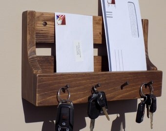 Handmade Rusic Entryway Mail And Key Holder Dark Walnut Finish