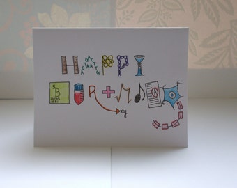 v2 Biology Happy Birthday (greeting card) - lettering, science, colored pencils