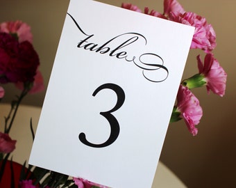 Classic Table Number Cards / Black and White Wedding Table Numbers / Pretty Script Table Numbers / Elegant Once Charmed Style Table Numbers