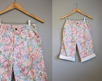 High Waisted Shorts Jean Vintage Denim Floral Long XS 25