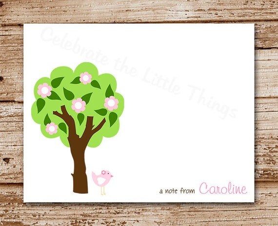 Set of 8 Flowering Tree Note Cards | Personalized Stationery | Bird, Nature Notecards | Baby Girl Thank You Cards Il_570xn