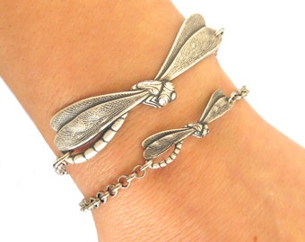 Steampunk Small Dragonfly Bracelet- Dragonfly Anklet- Sterling Silver Ox or Antiqued Brass Ox Finish- Smaller of 2 pictured