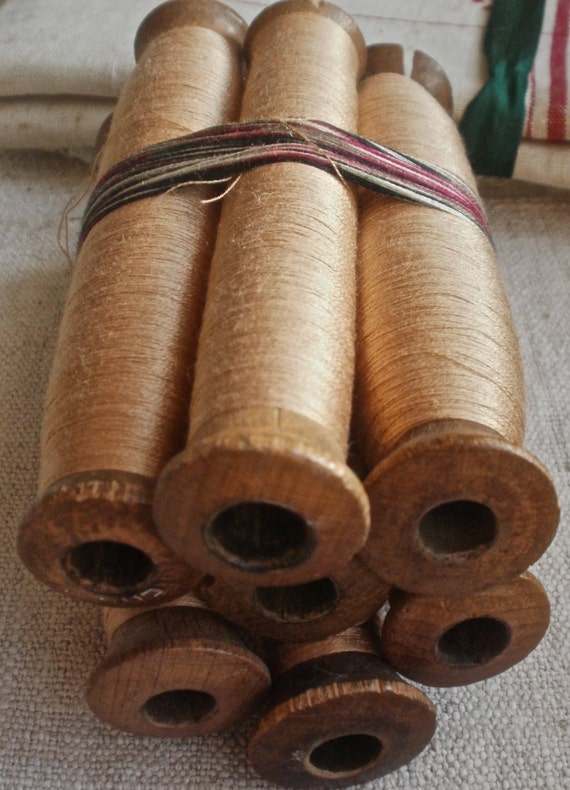 7pc Antique Wooden Bobbins Sewing Supplies Silk by BrocanteArt