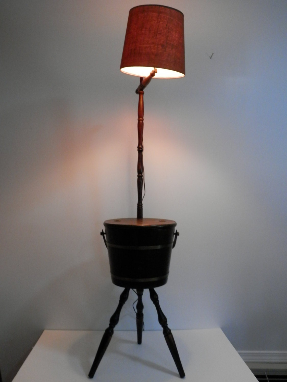 Antique Wood Bucket Floor Lamp w Shade Spindle Legs Country Western