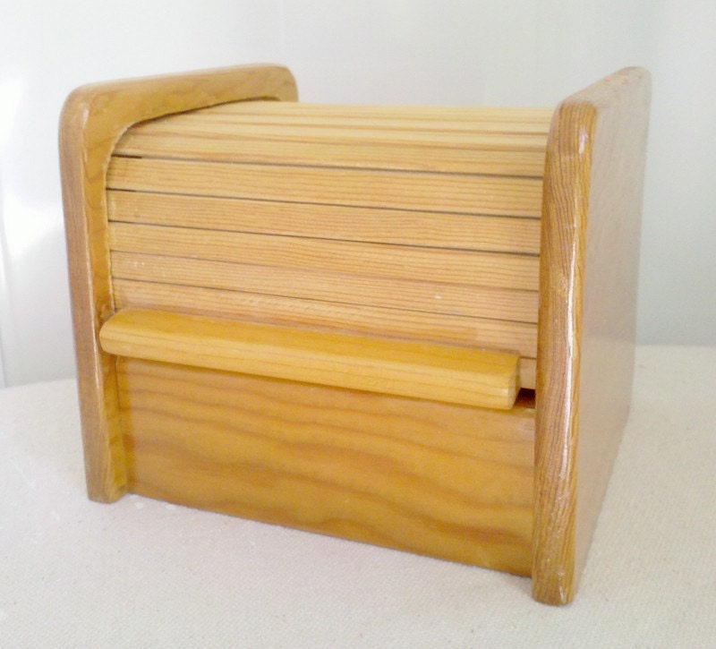 Wood Roll Top Recipe Box, Light Brown / Orange, Vintage Handmade Recipe