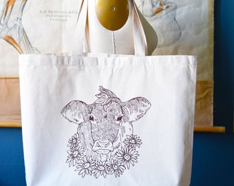 Recycled Cotton Canvas Tote Bag - Screen Printed Grocery Bag - Eco Friendly Shopper Tote - Large Tote - Farmers Market - Farmhouse - Cow