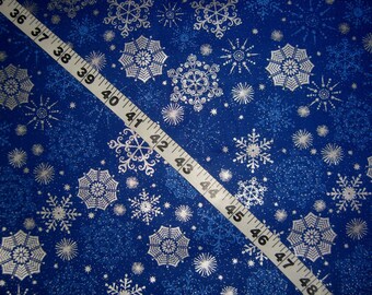 Christmas fabric with snowflakes metallic snow flakes on blue cotton quilt quilting sewing material to sew by the yard crafting trees
