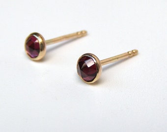 Solid 14k gold earrings, Garnet Solid gold Studs, Valentine's day gift,14k yellow Gold post Earrings 4mm