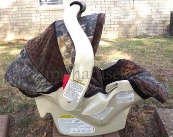 Reupholstered infant Car Seat Cover baby Boy Brown minky dot Realtree advantage 4 MAX HD mossy oak Canopy Head Protector camouflage fabric