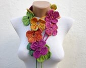 Handmade crochet Lariat Scarf  green orange pink blue yellow  Flower Lariat Scarf  Variegated Long Necklace Winter Fashion mothers day