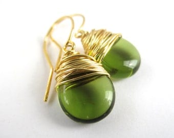 Green Earrings Wire Wrapped Earrings Green Jewelry Green Dangle Earrings Wire Wrapped Jewelry Handmade Tear Drop Earrings