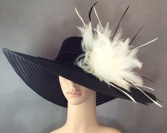Derby Hat Kentucky Derby Hat Dress Hat Fascinator Church Hat BLACK Hat Wide Brim Wedding Tea Party Ascot Horse Race